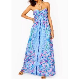 Lilly Pulitzer Viv Hidden Treasure blue halter maxi dress Size 0 Resort Flowy